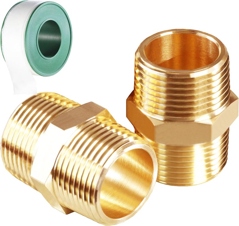 MSAEIQUN 2PCS 1 Inch Male Pipe x 1 Inch Male Pipe Solid Brass Threaded Straight Pipe Equal Diameter Pipe Hex Nipple Fittings Extension Connector Adapter Coupling for Pipe Line/Oil/Gas - Image 1